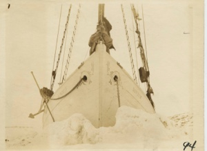 Image of Bowdoin -head on - in winter quarters